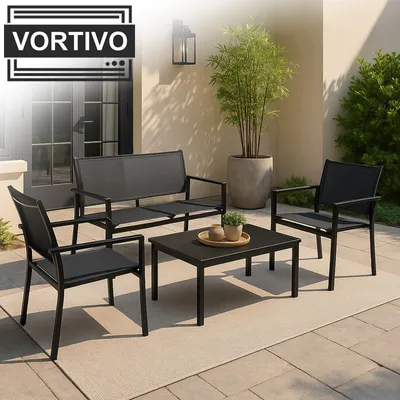 Obrázek produktu pro VORTIVO Zahradní lounge set 4dílný – odolný vůči povětrnostním vlivům, UV záření a snadno udržovatelný – se skleněným stolem, 2 křesly a pohovkou – ideální na balkon a terasu