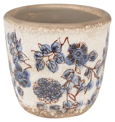Productafbeelding van Clayre & Eef bloempot, diameter 13 cm, hoogte 12 cm, beige, blauw, keramiek, voor bloemen
