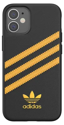 A black iPhone 12 mini case with gold Adidas stripes and logo.