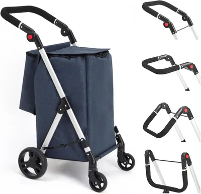 Immagine prodotto di Carrello per la spesa, con 4 ruote, in alluminio, carrello per la spesa pieghevole da 46L con borsa termica isolata (blu)