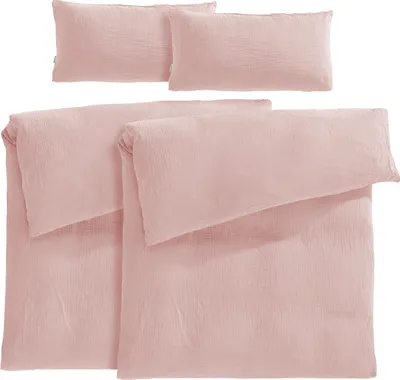 Produktbild von Pure Label Musselin Bettwäsche 135x200 4 teilig bestehend aus Bettbezug 135 x 200 cm 2er Set + Kissenbezug 40x80 cm 2er Set aus Baumwolle in rosa