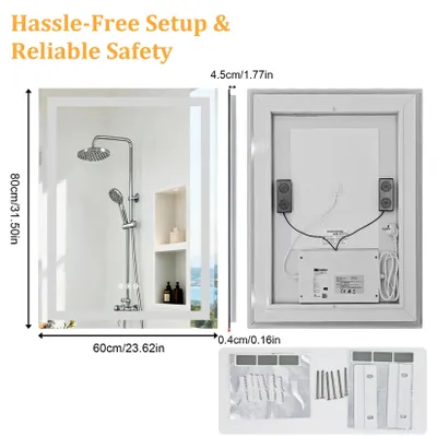 Obrázok produktu pre LED zrkadlo do kúpeľne – nástenné zrkadlo 80 x 60 cm – obdĺžnikové – bez rámu – s funkciou proti zahmlievaniu – s Bluetooth – 3-farebné stmievateľné osvetlenie s pamäťovou funkciou