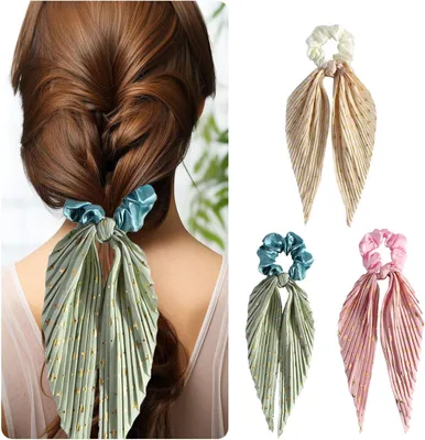Produktbild von 3 Stück Haargummis für Damen, Haarbänder mit Haartüchern und Schleifen, elastische Seiden-Haarbänder mit Hasenohr-Design und Pferdeschwanz-Stirnbänder