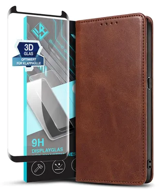 Produktbild von Handyhülle für Samsung Galaxy S9 mit 9H Displayglas Kunstleder Flip Cover Hülle Klapphülle Case Kartenfach Farbe: Dunkelbraun