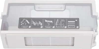 A dustbin for a robot vacuum cleaner with instructional diagrams.