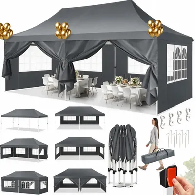 Image de Pavillon 3x6m, chapiteau pliable tente de jardin étanche, protection UV, avec 6 parties latérales et 2 entrées, pour jardin terrasse fête, gris