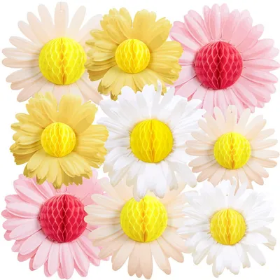 Productafbeelding van 9 papieren waaierdecoraties, zonnebloemmotief, honingraatballen, roze, wit, geel, 20 cm, 25 cm