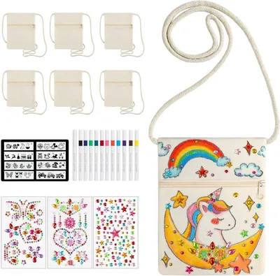 Produktbild von 6 Stoffbeutel zum Bemalen für Kinder, selbst gestaltbare Kindertasche, kleine Umhängetaschen mit 12 Buntstiften