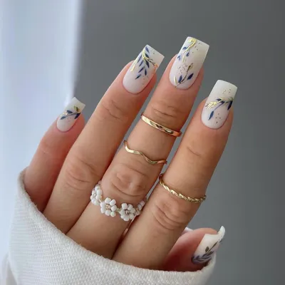 Image de 24 pièces Press on Ongles Moyen Blanc Ballerine Ongles artificiels Or Bleu Full Cover