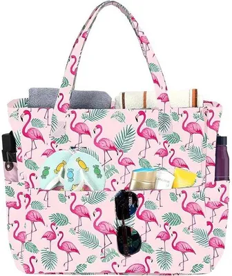 Produktbild von Große Strandtasche mit Flamingos - Rosa/grün - Aufbewahrungstasche mit Reißverschluss - XXL Schultertasche mit mehreren Fächern