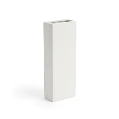 A white ceramic vase is shown against a plain white background.