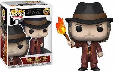 A Funko Pop! vinyl figure of Van Helsing from Bram Stoker's Dracula, shown both in its packaging and standing alone, holding a flaming torch.