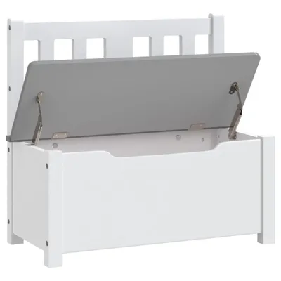 A white wooden toy chest with a grey lid open, showing its interior and hinges.