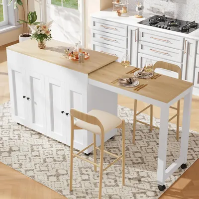 Immagine prodotto di Isola da cucina utilizzabile anche come bancone bar estensibile, tavolo da pranzo bianco con spazio contenitivo, dimensioni 117–180 x 50 x 94,6 cm, sei vani contenitori in MDF