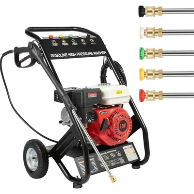 Produktbild von Benzin-Hochdruckreiniger - 4-Takt 7,5 PS - 2200 PSI (152 bar) - 2,3 GPM (8,7 l/min) - 5 Düsen 0–40°, 84° - 8 m Hochdruckschlauch - Rot/Schwarz
