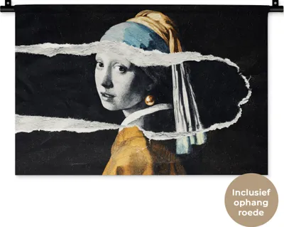Produktbild von MuchoWow® Wandteppich Wandbehang Mädchen mit Perlenohrring - Gold - Vermeer - Schwarz - Weiß 60x40 cm Tapisserie Dekoration Wandtuch - Wanddekorationen