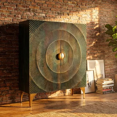 Produktbild von riess-ambiente Highboard GOLDEN SUNSET 120cm türkis gold massives Mangoholz mit 3D Schnitzereien