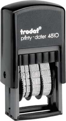 A studio shot of a black and gray Trodat Printy-Dater 4810 self-inking date stamp.