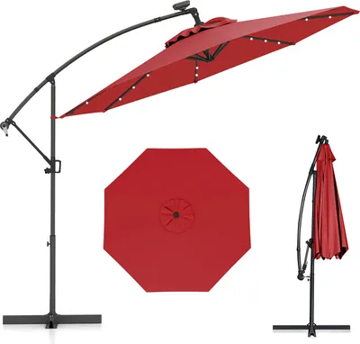 Image de COSTWAY Parasol φ300cm, Parasol ampli avec 32 LEDs solaires & manivelle, angle d'inclinaison réglable, Parasol de marché Parasol de terrasse rouge