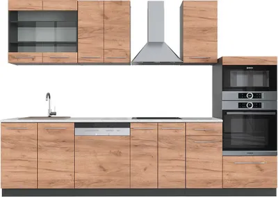 Immagine prodotto di Cucina componibile Vicco Fame-Line Rovere dorato/antracite 300 cm con armadio alto, PL Marmo, Model 42170