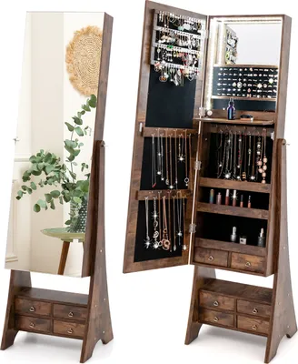 Produktbild von Schmuckschrank mit 2 Spiegeln & LED-Lichtern & 6 Schubladen, Spiegelschrank freistehend, Schmuckaufbewahrung neigungsverstellbar (Braun)
