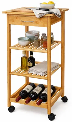 Produktbild von Relaxdays Küchenwagen, Bambus, 4 Ebenen, Flaschenhalter, Gewürze & Vorräte, HBT: 85x39x39 cm, schmaler Rollwagen, natur, KI-generiertes Bild