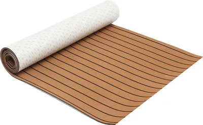 A rolled-up piece of brown foam flooring with black lines, likely for a boat or yacht, with the white backing visible.