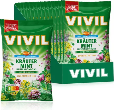 Produktbild von VIVIL Kräuter-Mint Hustenbonbons ohne Zucker | 15 Beutel
