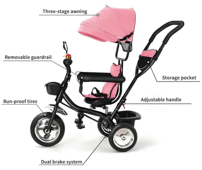 Immagine prodotto di Triciclo per bambini 3 in 1 - Triciclo pieghevole con manubrio di spinta - Sedile girevole a 360° - Tettuccio parasole - Per bambini dai 3 ai 6 anni fino a 20 kg - Rosa
