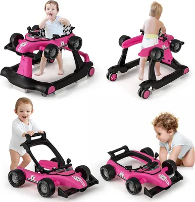 Produktbild von GOPLUS 4 in 1 Baby Lauflernhilfe, Lauflernwagen höhenverstellbar mit Licht & Musik, Baby Walker Autoförmig mit Einstellbarer Geschwindigkeit, Hot Pink