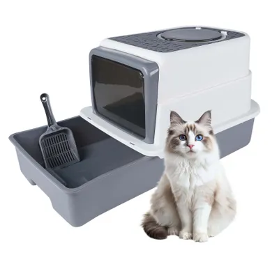 Produktbild von Katzentoilette, Katzenklo mit Deckel, Schubladen-Katzenklo mit Klo-Siebschaufel, Katzen-Toilettenbox Geschlossenes und Abnehmbares, 50x35x35cm, Grau