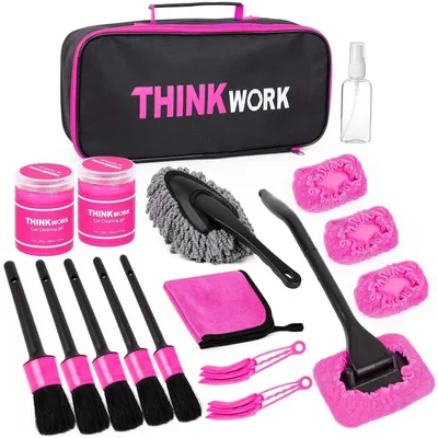 Image de Kit de nettoyage automobile complet, 17 pièces, pour l'intérieur et l'extérieur, couleur rose