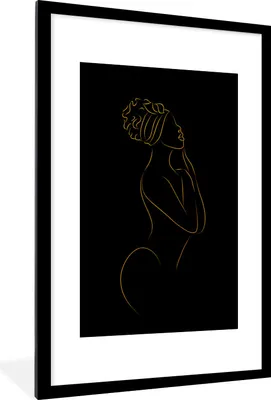 Produktbild von MuchoWow® Gerahmtes Poster Frau - Gold - Schwarz - Strichzeichnung 60x90 cm - Poster mit Schwarzem Bilderrahmen Wandposter Rahmen Foto Bilder - Dekoration - Wandposter Wohnzimmer - Hochwertig