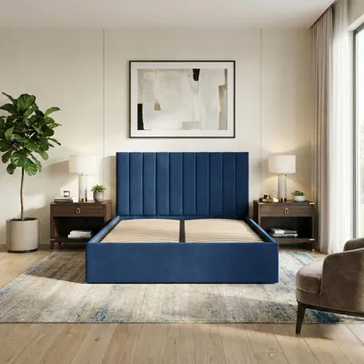 Produktbild von Modernes Polsterbett POLLA 140x200 mit Holzlattenrost – Doppelbett ohne Bettkasten, zeitloses Design Blau Samt