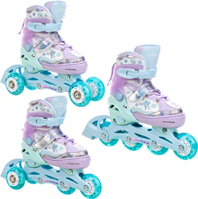 Three pairs of children's roller skates are displayed against a white background.
