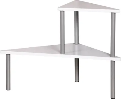 A white triangular shelf unit with gray metal legs on a white background.