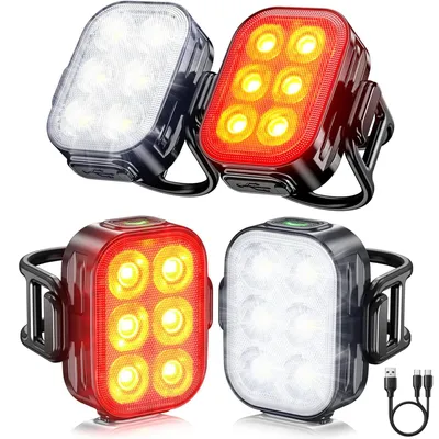 Produktbild von Inlustro Fahrradlicht Set 4-teilig - 2x LED Frontlicht und 2x Rücklicht - USB-C aufladbar - 10 Leuchtmodi - IP65 wasserfeste Fahrradbeleuchtung