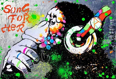 Produktbild von TPFLiving Kunstdruck LW-803 (OHNE RAHMEN) Poster - Leinwand - Wandbild - Hochauflösender Giclée-Druck, langlebig und hochwertig - Grafitti Art - Affe mit Kopfhörer - Größe: 40x60cm