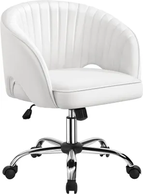 Produktbild von Homeoffice Stuhl, Schminkstuhl aus Kunstleder, Höhenverstellbar Schreibtischstuhl, Drehstuhl mit Schaukelfunktion, bis 136 kg belastbar, für Arbeitszimmer, Schlafzimmer, Weiß