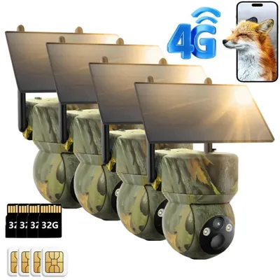 Image de Caméra de surveillance de la faune 4G LTE à énergie solaire, 2K, 360°, PZT, avec application mobile, carte SIM, carte mémoire 32 Go, détecteur de mouvement, vision nocturne, lot de 4