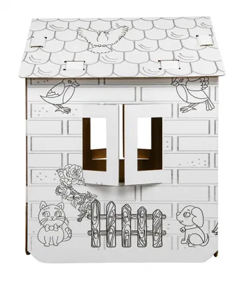 A white cardboard playhouse for children, designed to be colored in, with line drawings of animals and a fence.
