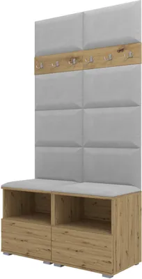 Obrázek produktu pro Šatní sestava Nela III, čalouněná šatní skříň se dvěma botníky, nástěnnými panely a věšáky (barva: dub Artisan + Trinity 32 (světle šedá))