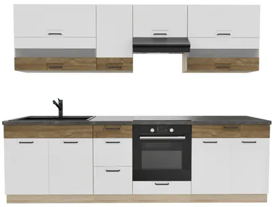 Obrázek produktu pro Kuchynská linka 270 cm – FAVORIT A PLUS – bílá lesklá a dub Sonoma – pracovní deska tmave hnedá – vestavená kuchyne se zásuvkami s kovovými úchytkami – kuchyn pro jednoho