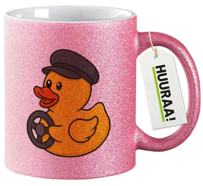 Produktbild von Huuraa Glitzertasse Quietscheente Kraftfahrt Comic Gummiente 330ml Pink Keramik Kaffeebecher Geschenkidee