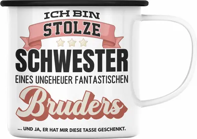 Produktbild von Trendation - Schwester Geschenk von Bruder Geburtstag Emaille Tasse Geschenkideen Emaille Tassen mit Spruch für Beste Schwester Und Ja Er Hat Mir diese Emaille Tasse Geschenkt (Schwarz)