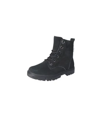 A black lace-up boot is shown against a white background.