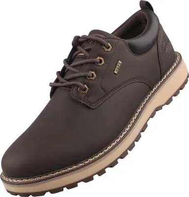 Auf dem Bild ist ein brauner Freizeitschuh abgebildet der von der Seite betrachtet wird. Der Schuh hat eine sportliche Form und wirkt durch die Farben und die Materialien ansprechend und modern.