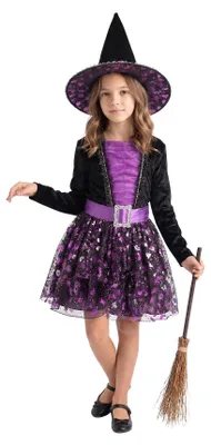 Produktbild von Hexenkleid lila mit Hut – Schwarz-lila Hexenkostüm für Kinder 128cm