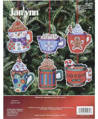 Obrázek produktu pro Vyšívací sada Janlynn „Vánoční ozdoby – hrníčky s kakaem (sada 6 ks)“, vzor k vyšívání, 9 x 9 cm