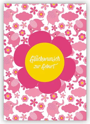 Produktbild von 4x Niedliche Retro Babykarte für Mädchen mit Elefanten und Blümchen in rosa: Glückwunsch zur Geburt
